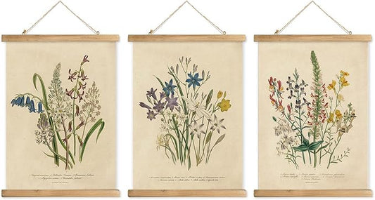 XIAOAIKA Wildflower Illustration Poster Set - 3-Piece Vintage Botanical Prints with Wooden Hanging Frames, Ideal for Home and Office Decor, 12x16 inches