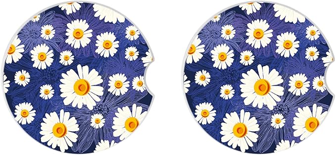 White Flowers Car Coasters for Drinks Absorbent,2 Pack Cup Holders,2.56" Ceramic Stone & Non-Scratch Cork Base Coasters,Auto Accessories for Women & Men.