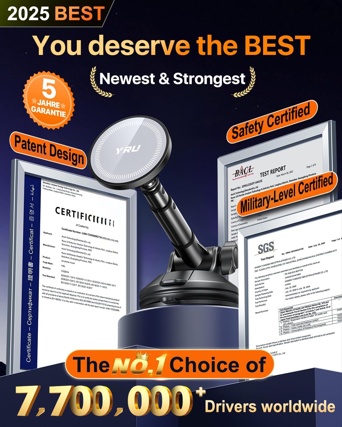 YRU [2025 Upgraded] Magnetic Phone Holder for Car【Patented & Super Magnet】 for MagSafe Car Mount Dashboard Magnet Phone Holder Windshield Phone Stand for iPhone 16 15 14 13 12 Pro Max Samsung, Grey