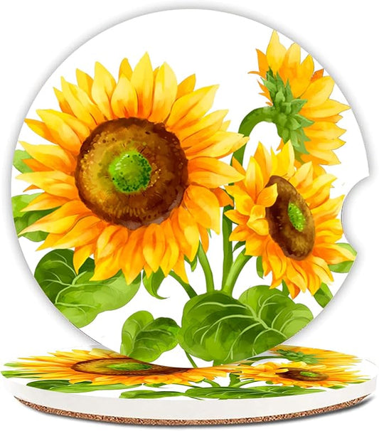 Sunflower Car Coasters for Drinks Absorbent,2 Pack Cup Holders,2.56" Ceramic Stone & Non-Scratch Cork Base Coasters,Auto Accessories for Women & Men