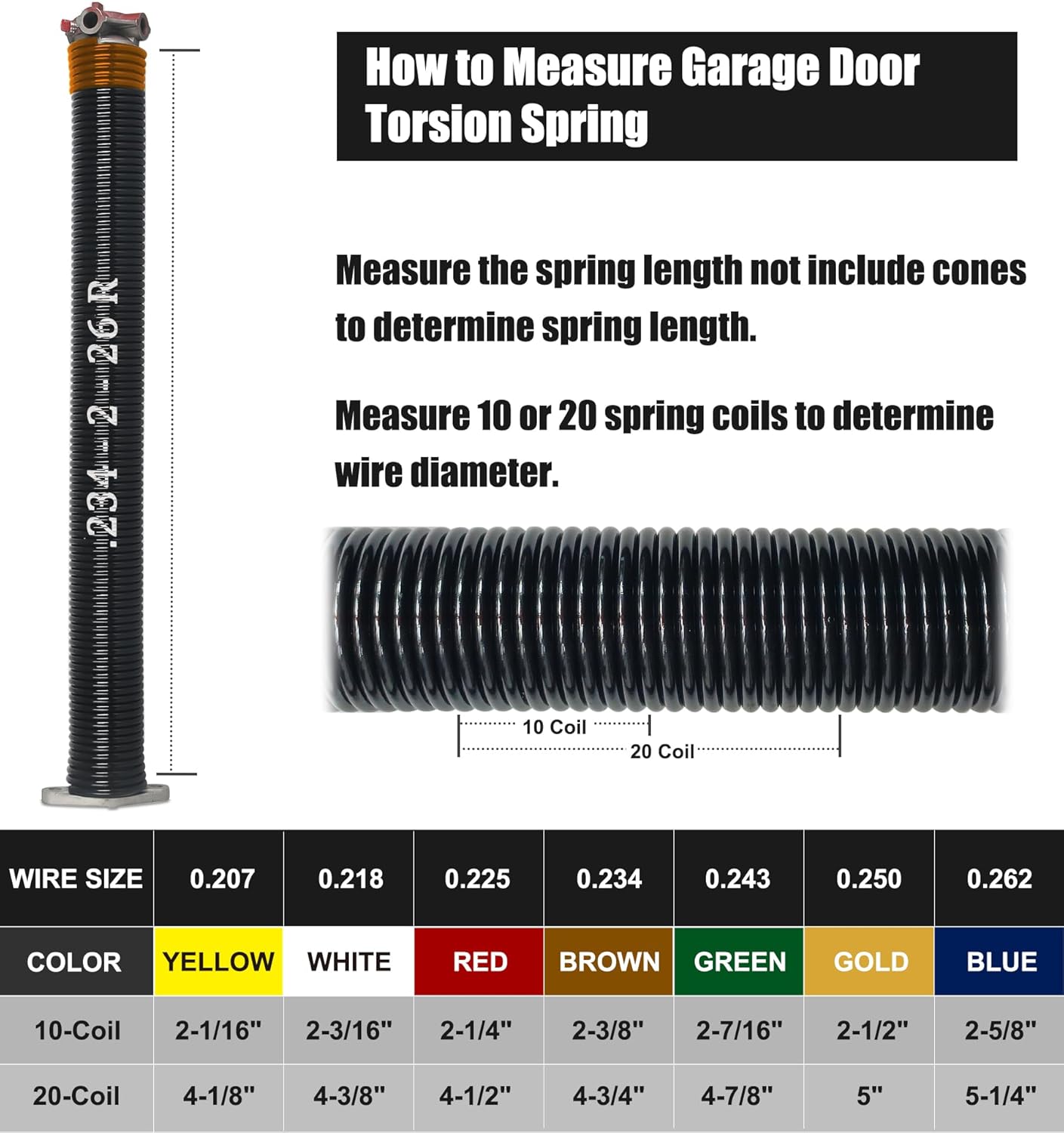 Garage Door Torsion Spring Set, Pair of 2" Electrophoresis Coated Garage Door Spring Replacement with 2 Non-Slip Winding Bars and Bearing, Minimum 16000 Cycles (.234x2x26")