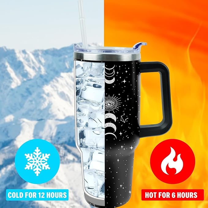 40 oz Tumbler with Handle and Straw, Stainless Steel Insulated Cup with Leak Proof Lid and Straw Lid, Keep Drinks Cold and Hot for Hours(Sun Moon)