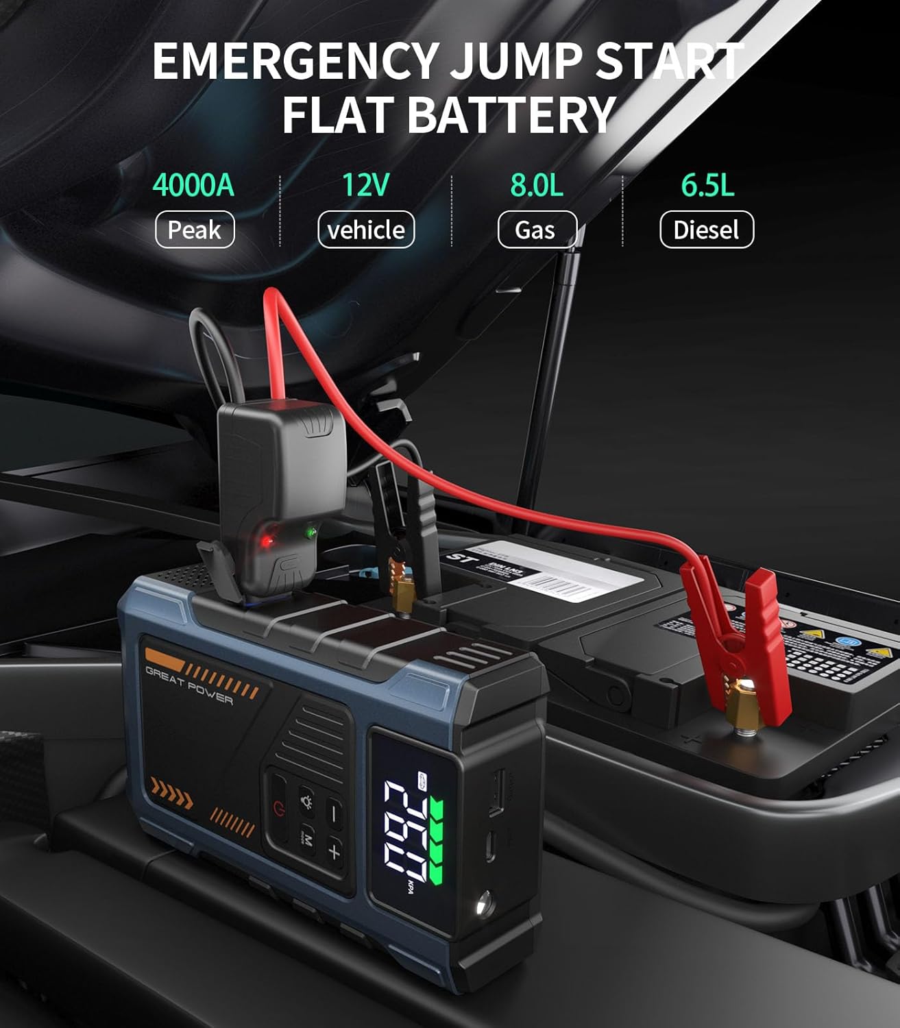 Car Battery Charger Jump Starter with Air Compressor, 4000A Jumper Box for Car Battery Portable Booster Jump Pack, 12V Jumpstart Combo 150PSI Tire Inflator Air Pump(Up to 8.0L Gas/6.5L Diesel)