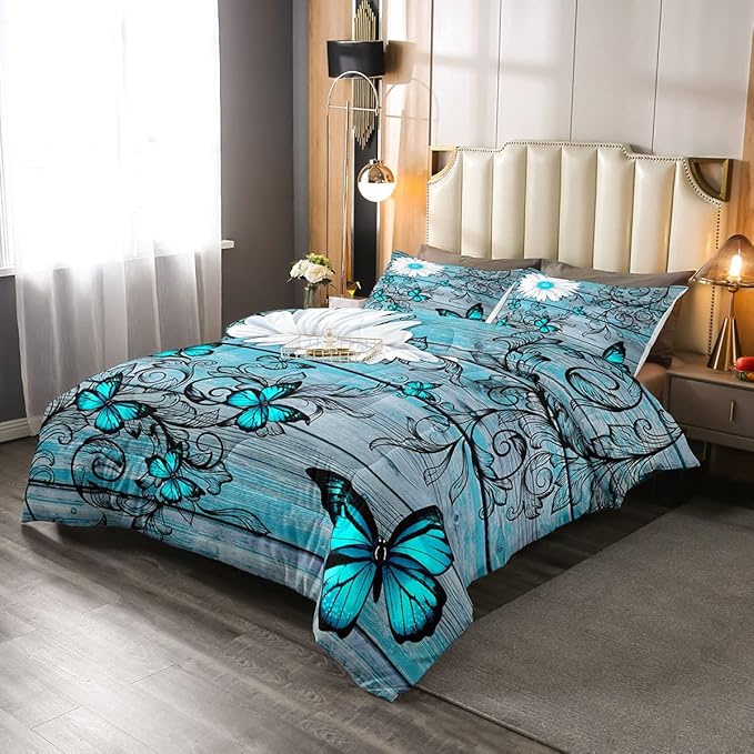 Butterfly Bedding Sets for Girls Teens Women Bedroom Rustic Flower Comforter Set,Blue Butterflies White Chic Floral Duvet Set Retro Vintage Romantic Style Quilt Set Queen Size Soft Lightweight