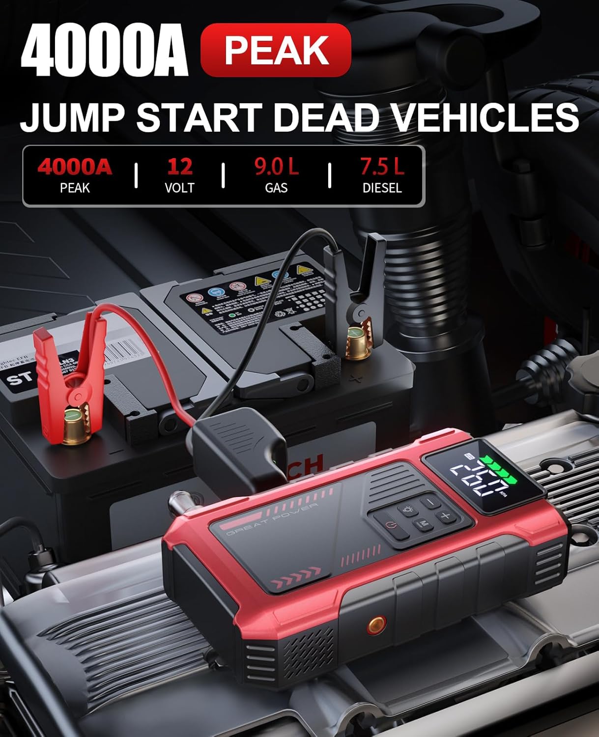 4000A Car Jump Starter with Air Compressor, Portable Charger Jumpstart 12V Vehicle, Power Pack with 150PSI Tire Inflator for 9.0L Gas/7.5L Diesel Engines Jump Box with Light and Jumper Cable