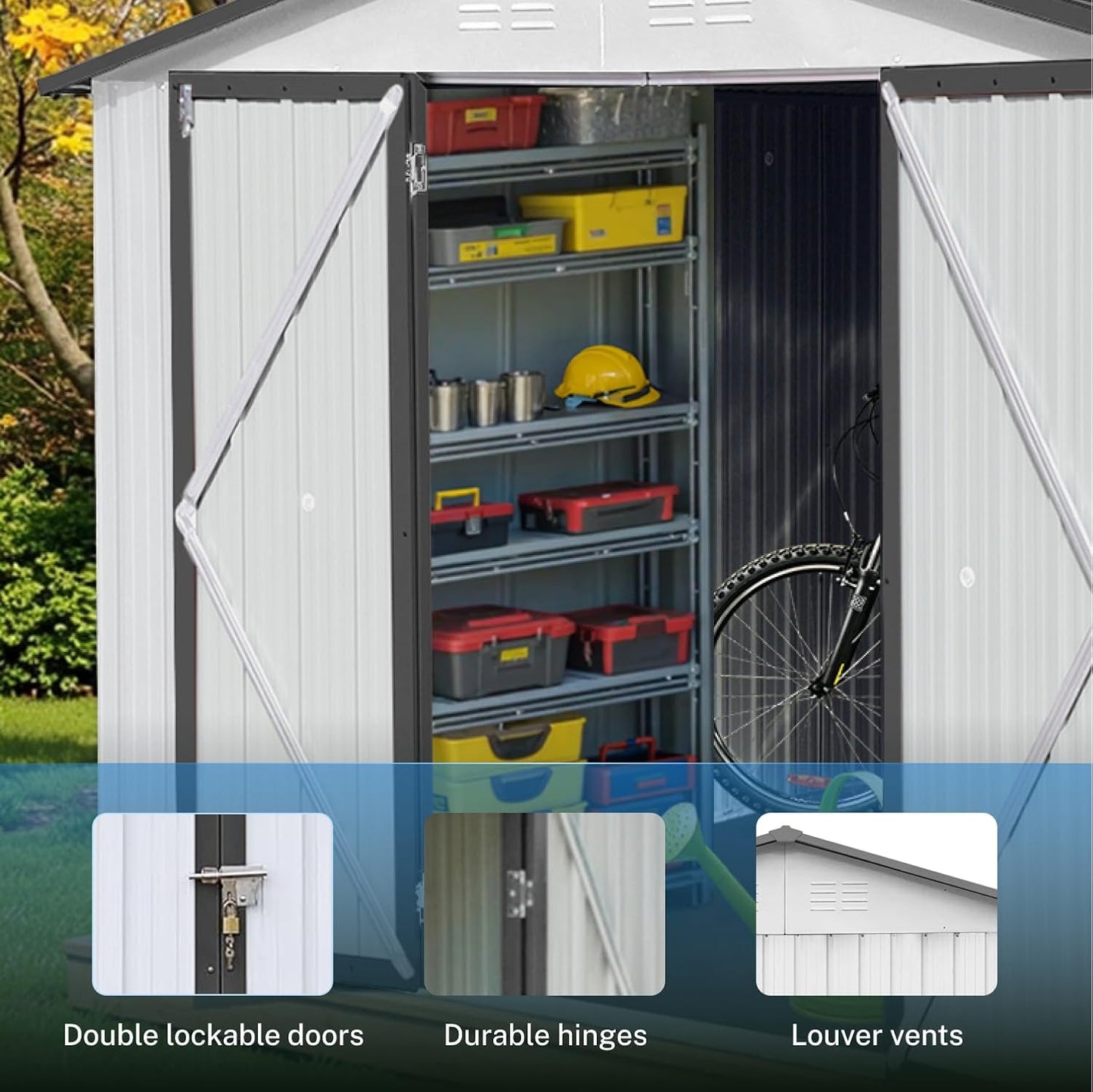 10 x 12 FT Outdoor Storage Shed, Metal Garden Tool Shed with Slooping Roof, Lockable Doors and Windows, Easy to Assemble for Garden, Patio, Lawn, White+Yellow