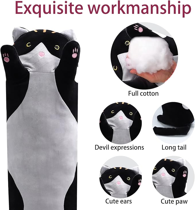 WUYU Lovely Plush Cat Doll Cute Cartoon Soft Stuffed Kitten Pillow Long Throw Sleeping Pillow Doll Toy Gift for Kids Girlfriend Multiple Size (Black, 130cm/51.1in)