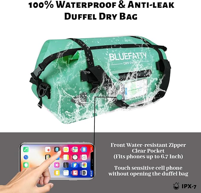Waterproof Motorcycle Duffel Bag Roll Top Dry Duffel Bag with Quick-fixed Straps for Rafting, Boating, Kayaking, Travel, 50L(Ocean Green)