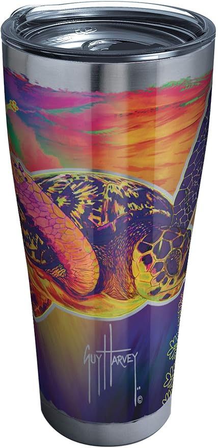 Tervis Triple Walled Guy Harvey Insulated Tumbler Cup Keeps Drinks Cold & Hot, 30oz - Stainless Steel, Neon Turtle