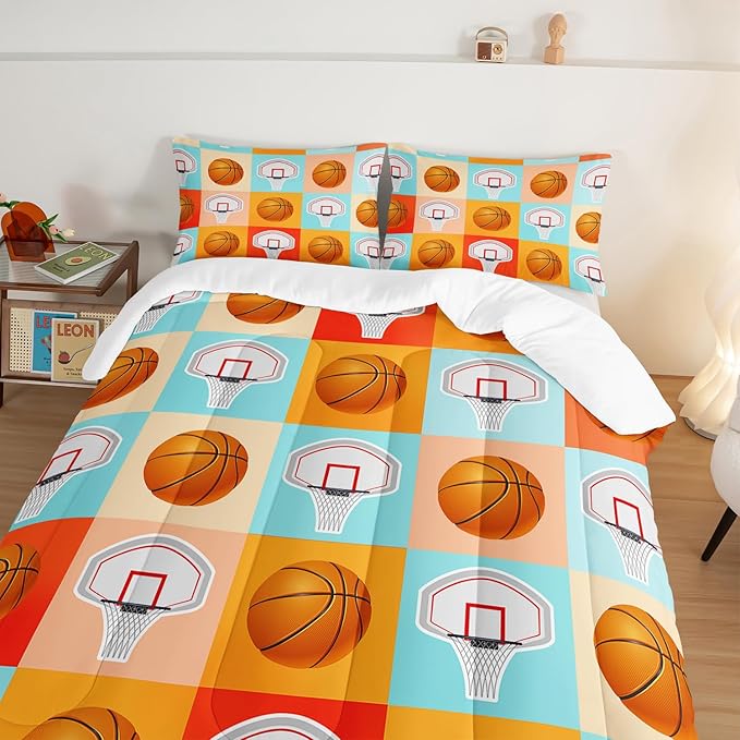 Basketball Comforter Kids Bedding Queen Size,Sports Style Basketball Printing Bedding Set for Teens Boys Bedroom Decor,Ball Sports Games Comforter Set Soft Kids Bedding with 2 Pillowcases.