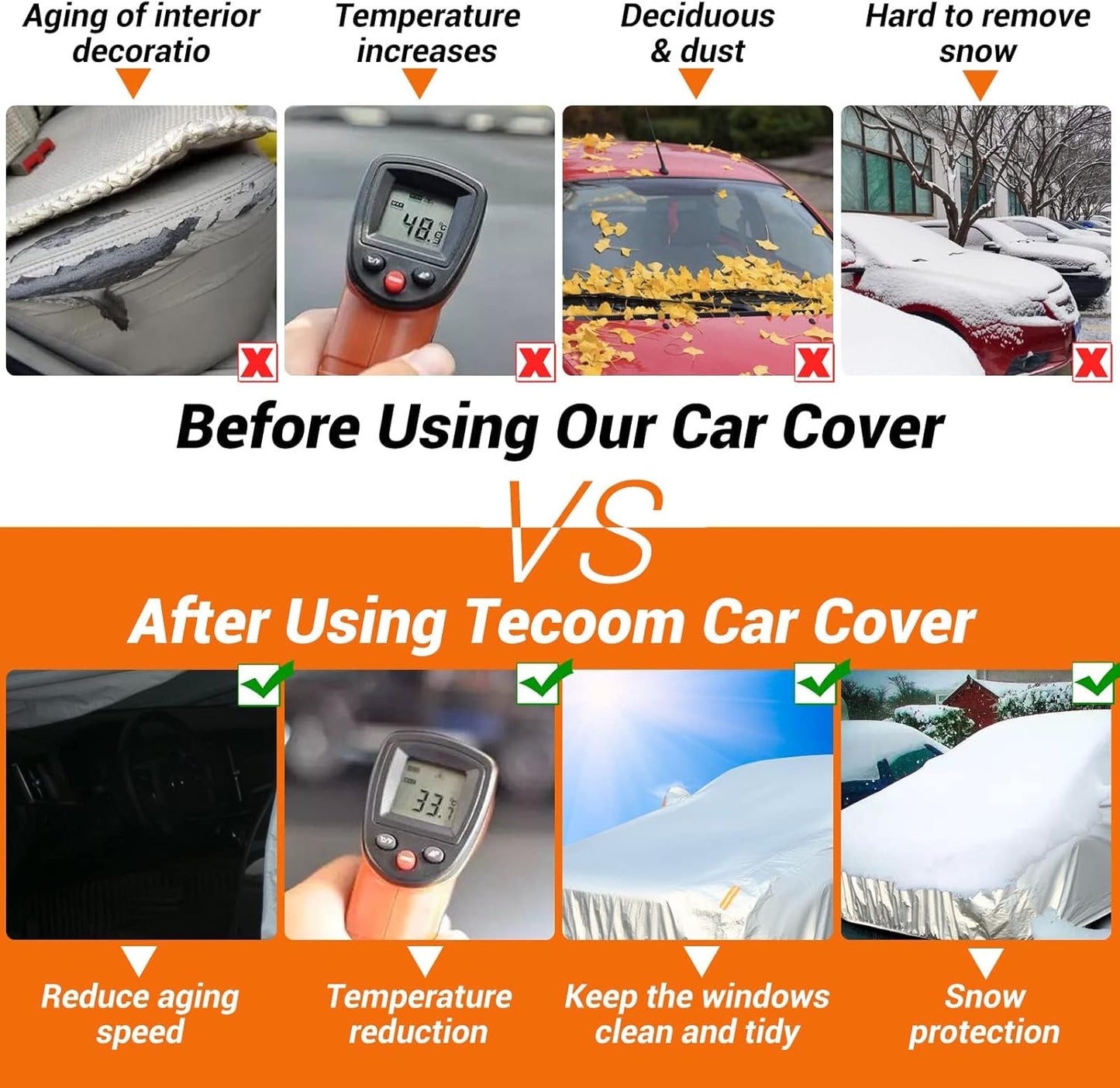 Tecoom Car Cover Waterproof All Weather, 3 Layers Car Covers for Automobiles, Fleece Lining with Zipper Door Lock Full Outdoor Car Cover Wind Snow Hail UV Sun Protection Fit for Sedan (201-210 Inch)