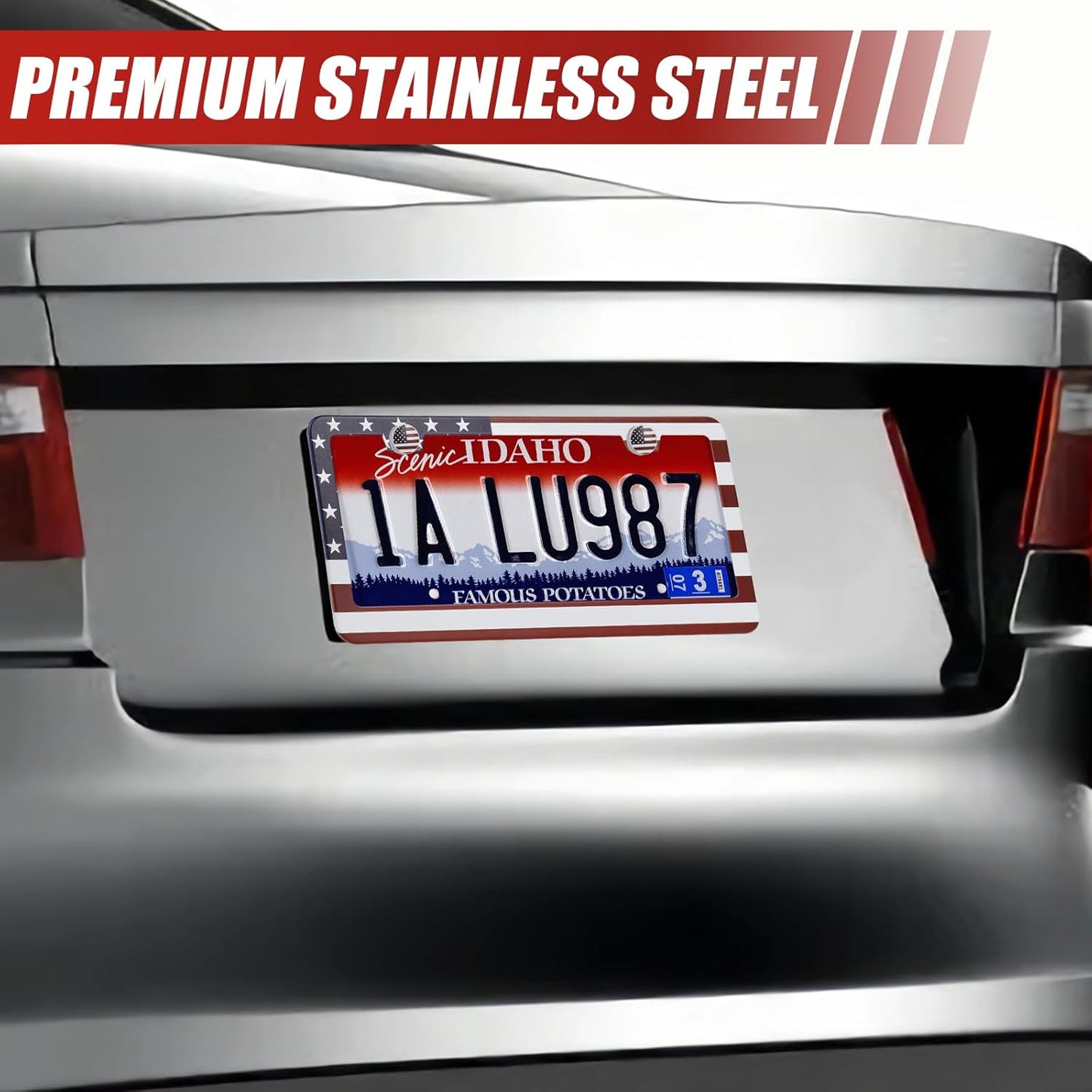 2 Pack License Plate Frames, Stainless Steel Car License Plate Cover Car Accessories with Screw Caps (Red and Blue)