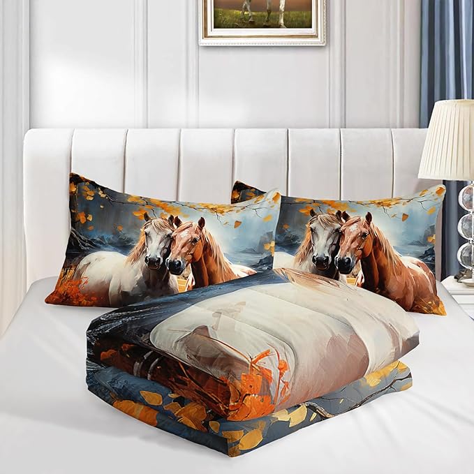 White Brown Horses Comforter Set Full Size,Watercolor Painting Autumn Leaves Bedding Set for Kids and Adults Bedroom Horse Decor,Natural Scenery Aesthetics Comforter Set with 2 Pillowcases.