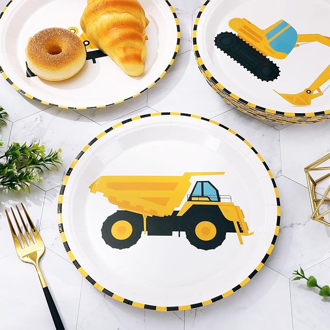 Whaline 40Pcs Construction Birthday Party Paper Plates Dump Truck Disposable Plates 4 Designs Tableware for Boys Kids Birthday Party Supplies Table Decor, 9 in