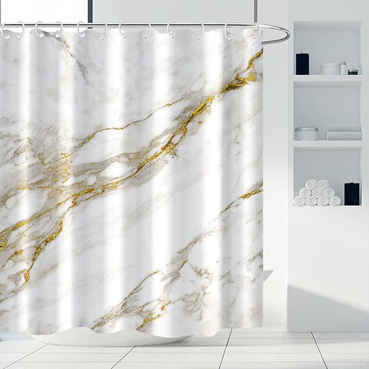 AWERT Abstract Minimalism White and Gold Ink Art Marble Shower Curtain for Bathroom Modern High Definition Printing Waterproof Shower Curtain with Hooks Bathroom Decor 72x84 inch