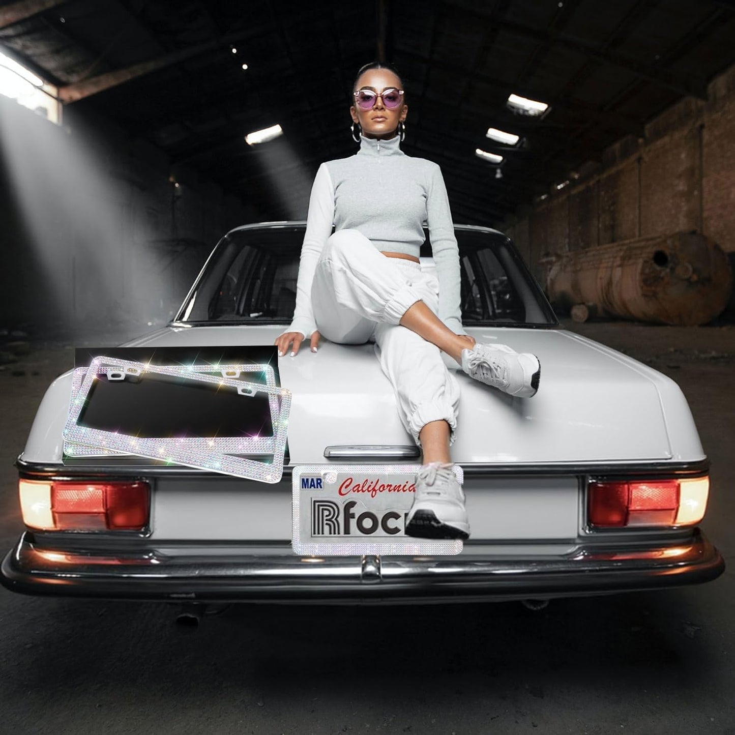 2 Pack License Plate Frames for Women, Sparkly Rhinestone Diamond Car Accessories with Glitter Crystal Caps (Colorful (2PCS))