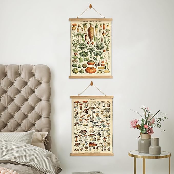XIAOAIKA 2 Pack Vegetables and Mushrooms Vintage Posters with Wooden Frame - Cottagecore Room Decor, Classic Wall Art for Home and Classroom 16 x 23 inches