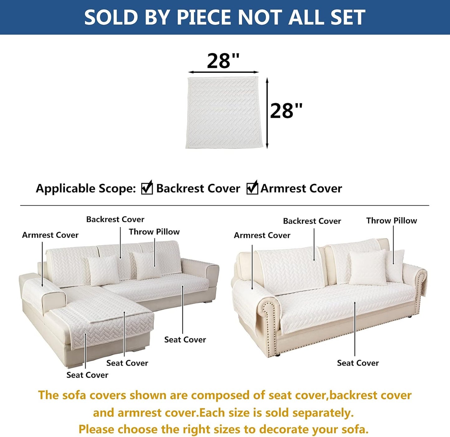 Eismodra Armrest Covers,Couch Cover,Sofa Cover,Backrest Covers,Anti-Slip Armchair Slipcovers for Dogs Cats Pet Loveseat Recliner Leather L Shaped,White 28 x 28 Inches (Only 1 Piece)