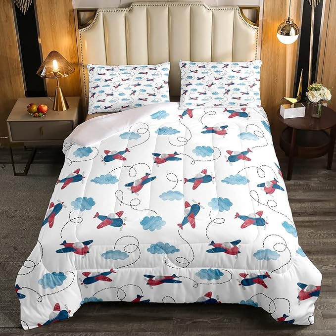 Boys Airplane Comforter Set Full Size,Vintage Watercolor Airplane Bedding Set for Kids Space Room Decor,Cartoon Bedding Aircraft Blue Clouds Comforters Soft Lightweight Bedding Quilted 2 Pillow Cases