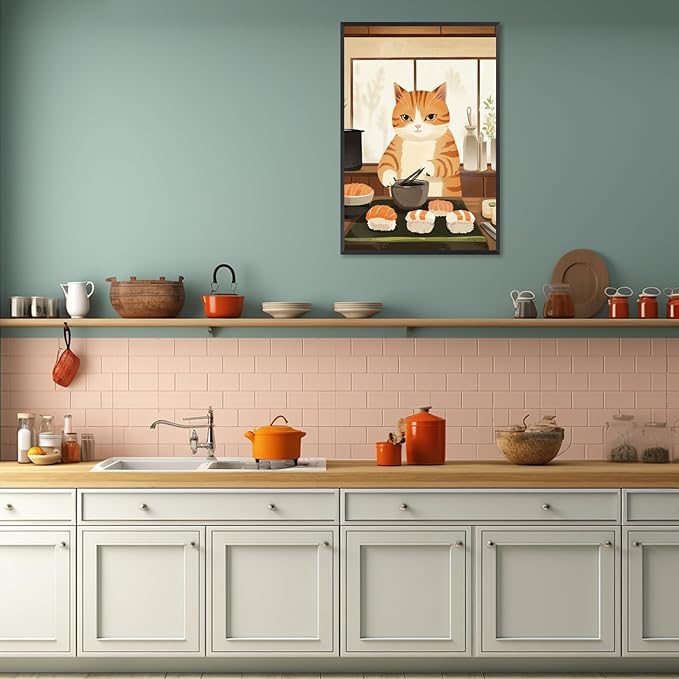 Vintage Cat Chef Kitchen Poster,Funny Food Canvas Wall Art,Cute Cat Cooking Sushi Print, Retro Kitchen Wall Decor, Whimsical Kitchen Art for Home, Dining Room, Cafe 16x24 in Aluminum Framed