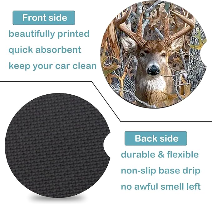Car Coasters for Cup Holders,2 Pack Camo Deer Car Coasters,2.75" Universal Size Anti Slip Rubber Mat,Automotive Cup Holder Decal Decor Accessories,Camo Deer Gifts for Women,Men,Mom