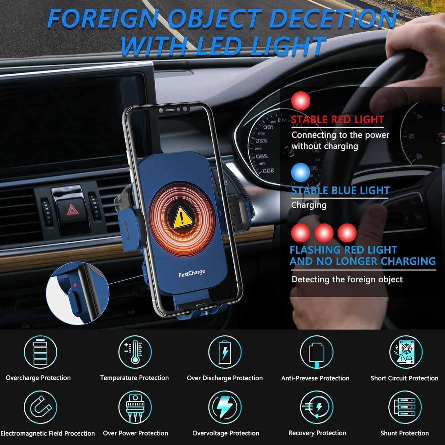 Wireless Car Charger, Fast Charging 15W Auto Clamping Car Charger Phone Holder Phone Mount for iPhone16 15 14 13 12 11 Pro Max Xs, Samsung Galaxy S23 Ultra S22 S21 S20 S10+ Note 9, etc(Blue)