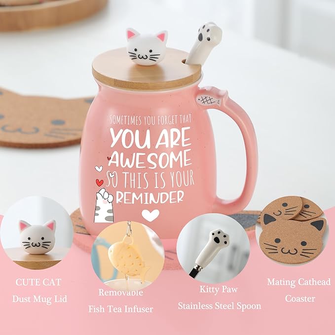 Thank You Gifts for Women Cute Cat Coffee Mug Birthday Friendship Gifts for Women Cat Lovers Kawaii Stuff Funny Tea Cup White Elephant Gifts For Adult Female Sister Mom Wife Coworker Bestie Bff