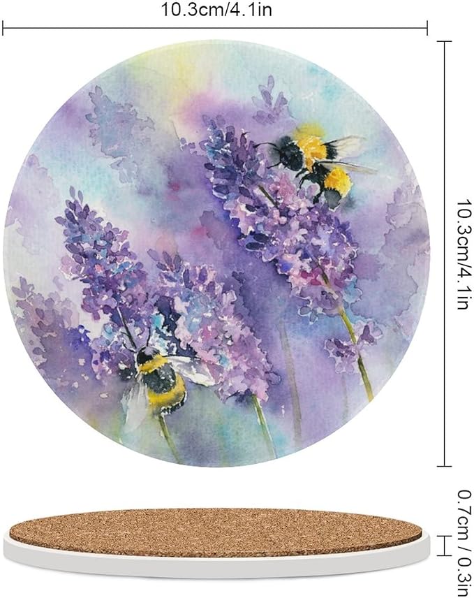 Bee Lavender Coasters for Drinks, Set of 4, 4 Inch Absorbent Diatomite Ceramics Coasters with Cork Base, Tabletop Protection, Suitable for Dining Tables, Desks, Restaurants, Cafes