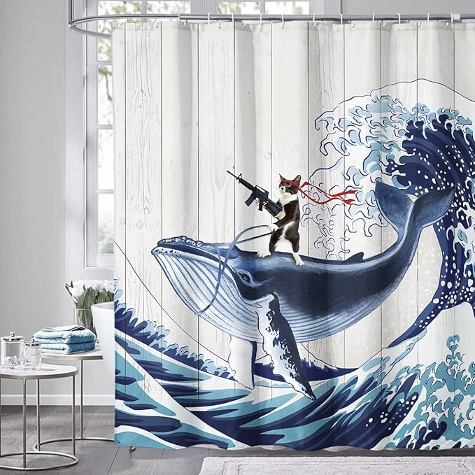 Yookeb Funny Cute Cat Riding Bathroom Shower Curtain Whale Ocean Kids Hilarious Japan Kanagawa Waves Wooden 60W by 71H Inch Polyester Fabric 12 Plastic Hooks Waterproof Decor