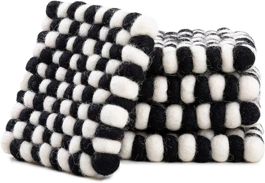 Square Felt Ball Coasters - 100% Merino Wool Table Coasters - Felt Coaster Pads, Absorbent Trivet for Drinks - Heat Resistant, Thick & Durable Hand Felted in Nepal by Woolygon- Multicolor - Set of 5