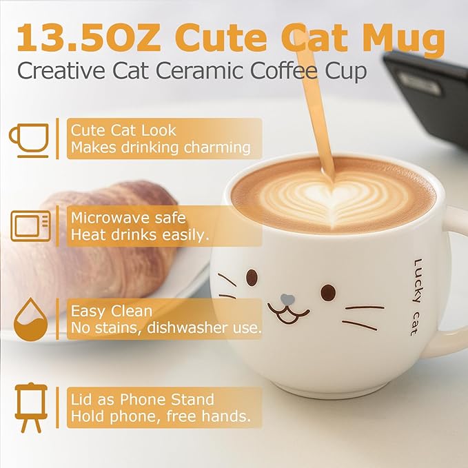 Yuwu Cat Ceramic Coffee Mug with Spoon & Lid, 13.5 oz Novelty Mug with Phone Stand Lid, Cute Tea Cup for Women & Cat Enthusiasts (White)