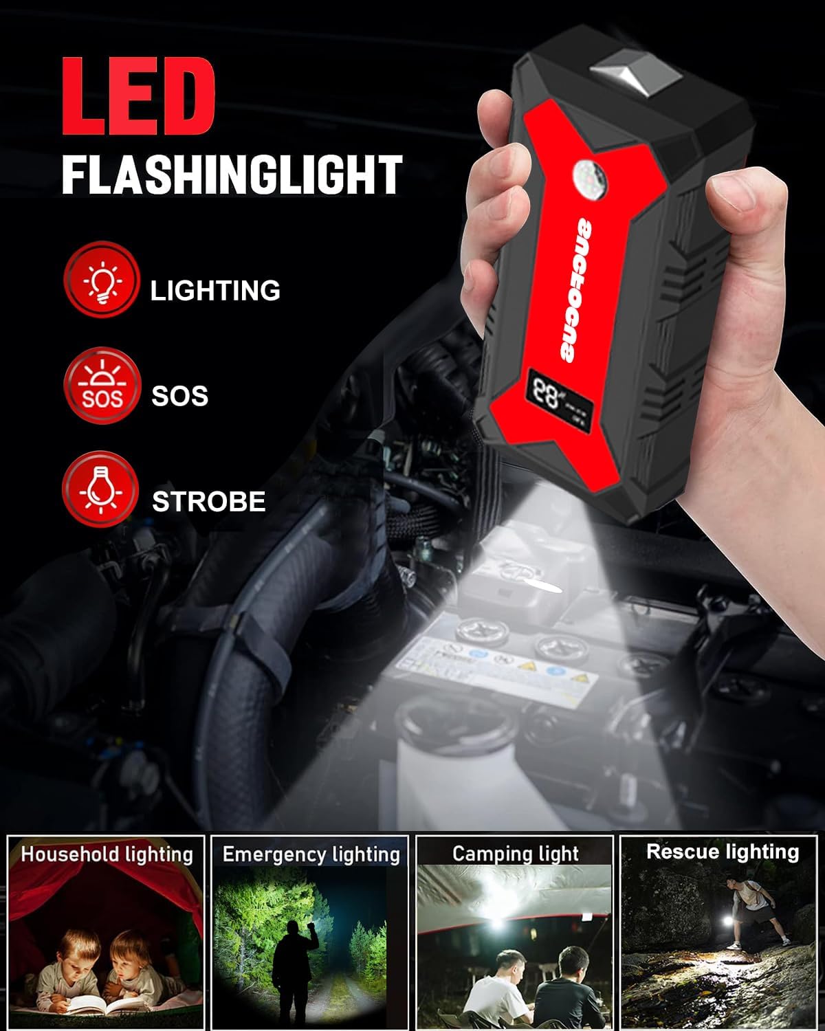 Car Battery Jump Starter, 2500A Battery Jumper Starter Portable (for 8.0L Gas or 7L Diesel Engine), Jump Box, Jump Start Battery Pack with Jumper Cables, LED Light, USB QC3.0 (Red)