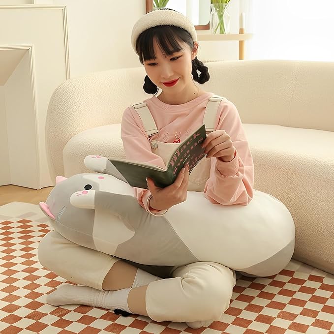 WUYU Lovely Plush Cat Doll Cute Cartoon Soft Stuffed Kitten Pillow Long Throw Sleeping Pillow Doll Toy Gift for Kids Girlfriend Multiple Size (Grey,90cm/35.4in)