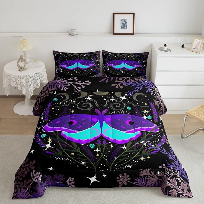 Butterfly Bedding Sets Black Purple Stars Moon Phase Comforter Set Twin Hippie Galaxy Botanical Bedding Comforter Set For Kids Girls Teen Women Trippy Wild Lavender Bed Quilt Room Decor 1 Pillowcase