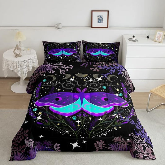 Butterfly Bedding Sets Black Purple Stars Moon Phase Comforter Set King Hippie Galaxy Botanical Bedding Comforter Set For Kids Girls Teen Women Trippy Wild Lavender Bed Quilt Room Decor 2 Pillowcases