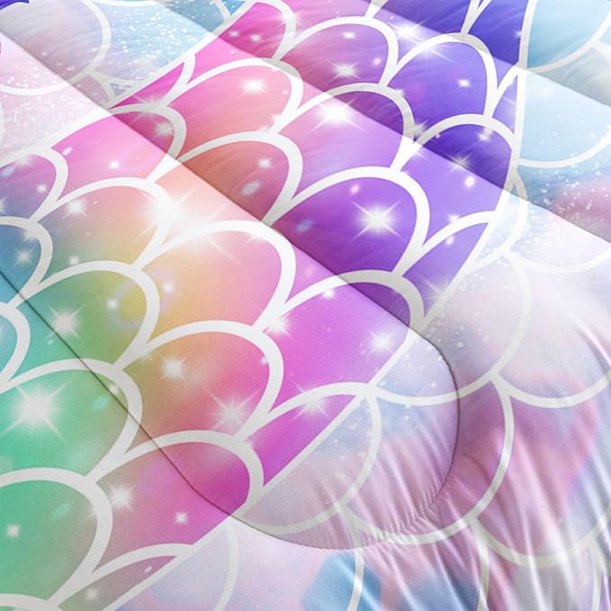 Bedding Comforter Set Rainbow Purple Mermaid Tail Printed Comforter Set with 1 Comforter and 2 Pillowcases for Girls Bedroom All Season(Rainbow Purple Twin)