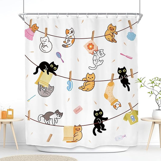 SVBright Cute Cat Shower Curtain 60Wx72L Inch Funny Kids Children Kitten Cartoon Animal Pets Fun Hilarious Lovely Boys Girls 12 Pack Hooks Polyester Waterproof Fabric Bathroom Bathtub Panels