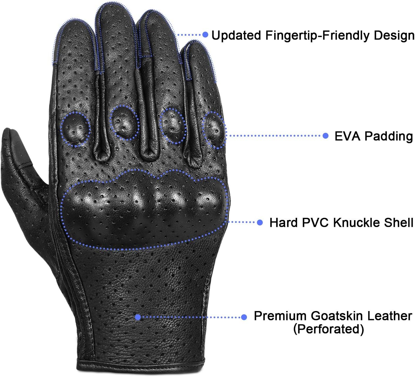 Full finger Goat Skin Leather Touch Screen Motorcycle Gloves Men/Women S,M,L,XL,XXL (Perforated, XXL)