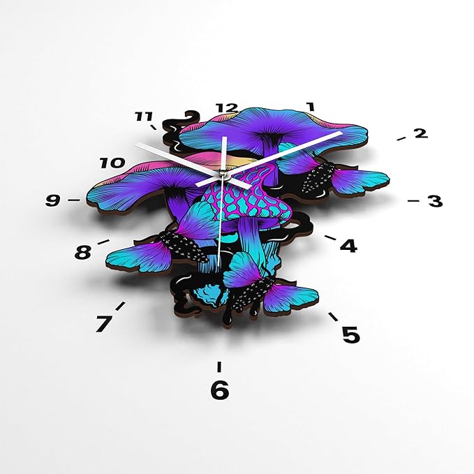 Wooden Wall Clock Trippy Mushrooms Non-Ticking Silent Battery Operated Home Decor DIY Numbers Cool Spooky Witchy House Warming Gift for Bedroom Girls Room Living Room Kitchen Halloween Fungi