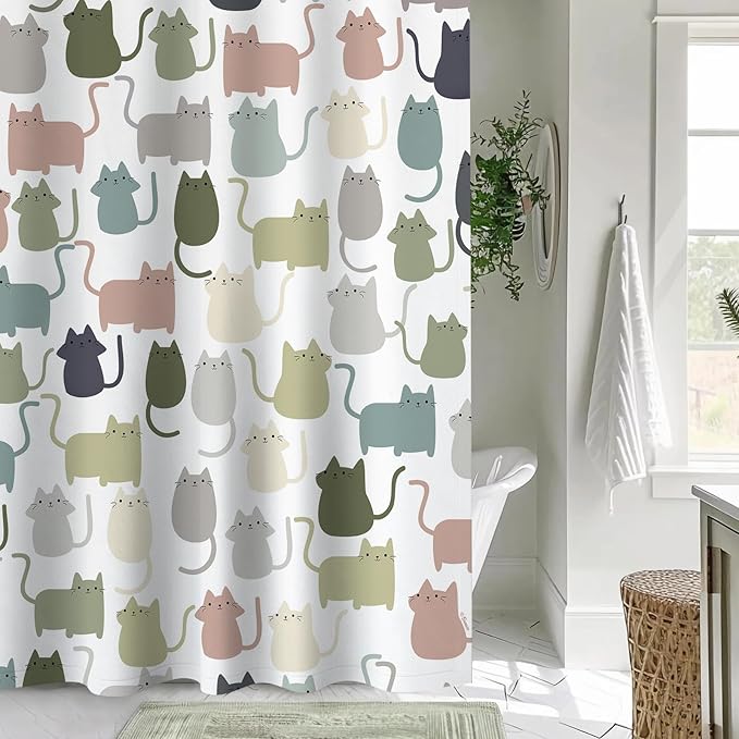 Sunlit Design Lovely Sage Green Cartoon Cats Fabric Shower Curtain, Cute Cats Bathroom Decoration Curtains for Baby Kids Children, 72x72