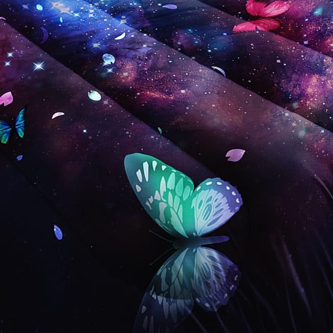 Butterfly Comforter Set for Girls Women,Colorful Butterflies in Space Galaxy Printed Black Bedding Set with 2 Pillowcases(Butterfly Galaxy Full)