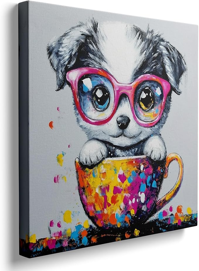 Ypxzzj Graffiti Cute Puppy in a Teacup Canvas Wall Art, Animal Dog Picture Prints Wall Art, Cute Animal Poster Cat with Glasses Wall Art for Livingroom Bedroom Nursery Room Framed Ready to Hang