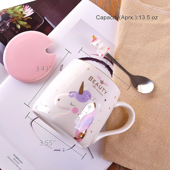 VanEnjoy Ceramic Unicorn Coffee Mug Tea Cup with Spoon,Star Pattern 13oz(380ml)