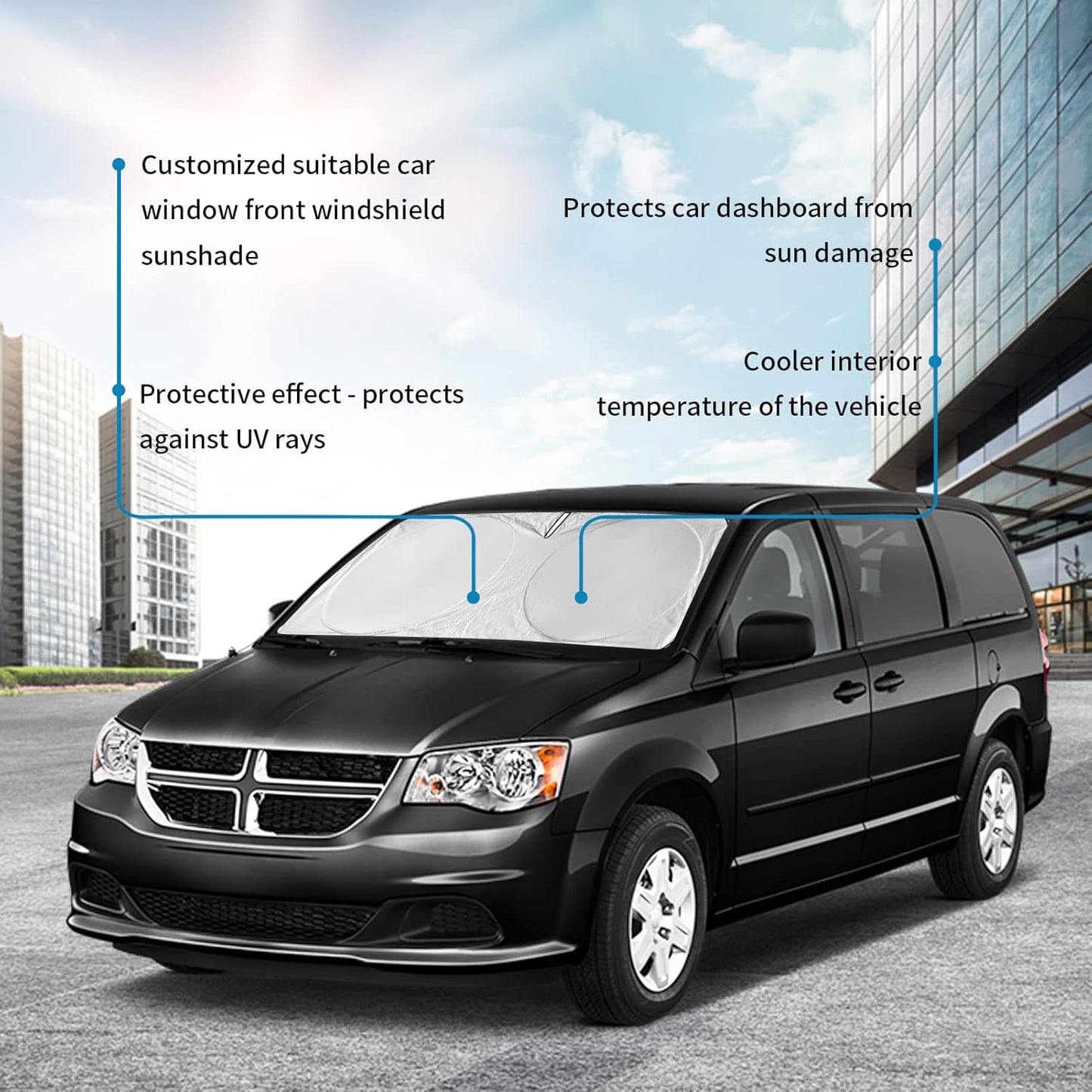 for Dodge Caravan 2006-2024 Front Windshield Sun Shade Sunshade-for Dodge Promaster 2014-2023 Windshield Cover, for Grand Caravan 2022 Reflective Protector Sun Visor Car Accessories(63" X 39.4")