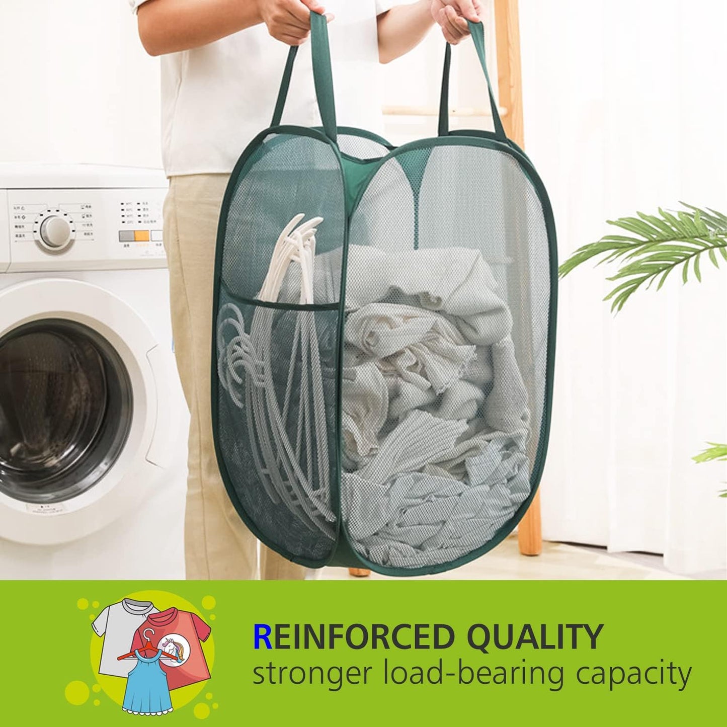 HONOMA Sturdy Mesh Laundry Hamper Basket Bag,Pop up Basket with Side Pocket for Laundry Room, Bathroom, Kids Room, College Dorm or Travel (Pop Vertical, Grey)