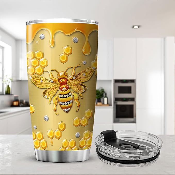 ZOXIX Bee Tumbler With Lid 20oz Jewelry Style Kind Words Are Like Honey Bee Lover Gifts Bible Verse Mug Proverbs 16 24 Christian Gifts For Women Faith Yellow Bee Themed Coffee Cup