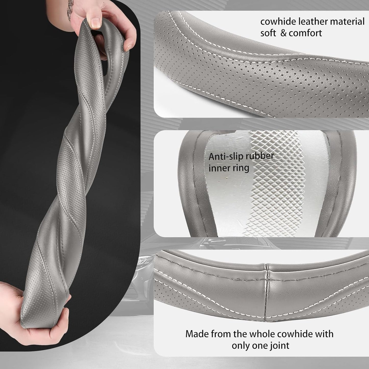 High-Grade Gray Genuine Leather Steering Wheel Cover for Men Women，Real Cowhide Leather Steering Wheel Cover for Cars,Universal 14.5-15 inch Steering Wheels