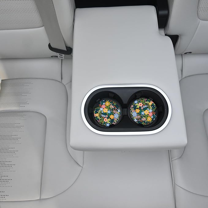 Yellow Flowers Car Coasters for Drinks Absorbent,2 Pack Cup Holders,2.56" Ceramic Stone & Non-Scratch Cork Base Coasters,Auto Accessories for Women & Men.
