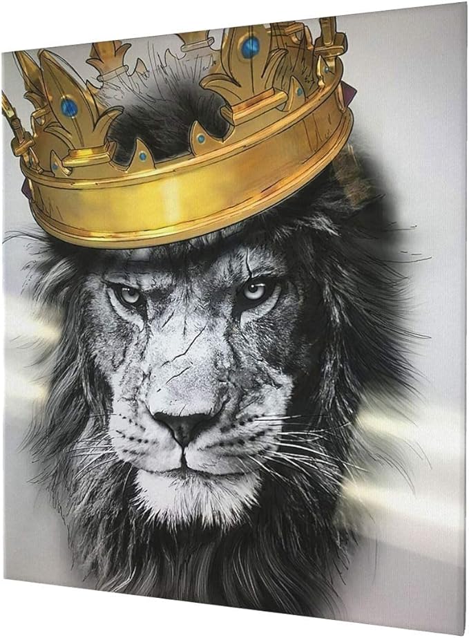 Black and White Lion with Crown Canvas Wall Art Abstract King Animal Artwork Lion Head Portrait Gold Modern Home Print Painting Large Wooden Wall Décor Framed Poster for Bedroom Bathroom 20x24 Inch