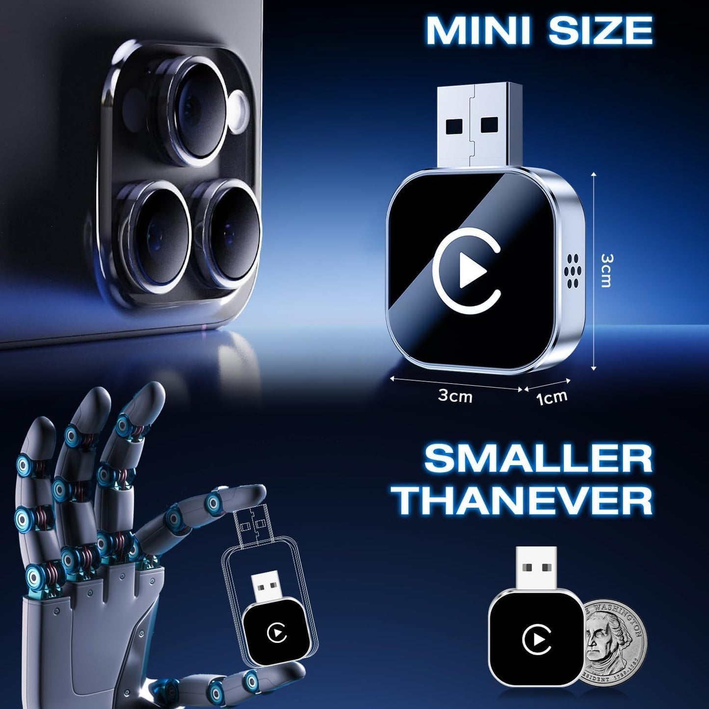 Wireless CarPlay Adapter for iPhone, Convert Wired to Wireless CarPlay Adapter, Mini Size with Extension Cable USB & USB-C/Type-C, Stable Car Control & No Delay